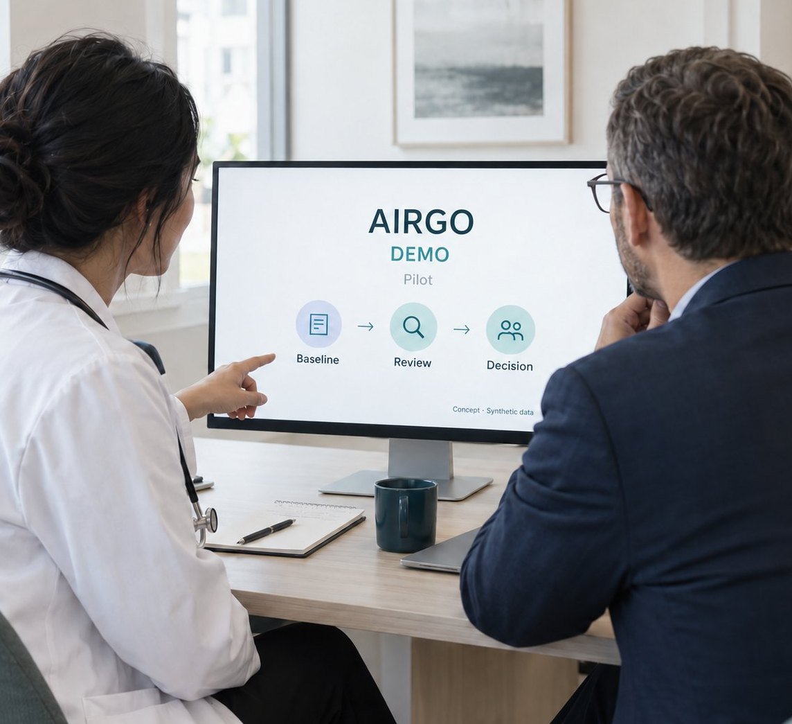 A physician and an AIRGO consultant discussing a pilot plan on screen